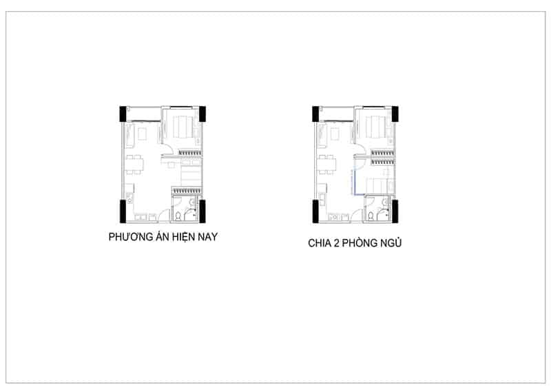 Minh họa căn hộ 1+1 sau khi hình thành vách ngăn, biến thành căn hộ có công năng như 2 phòng ngủ