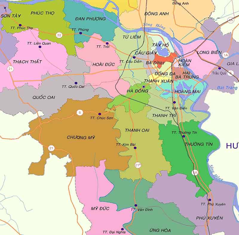 Bản Đồ Hà Nội, Các Quận Huyện Thành Phố Hành Chính 2023