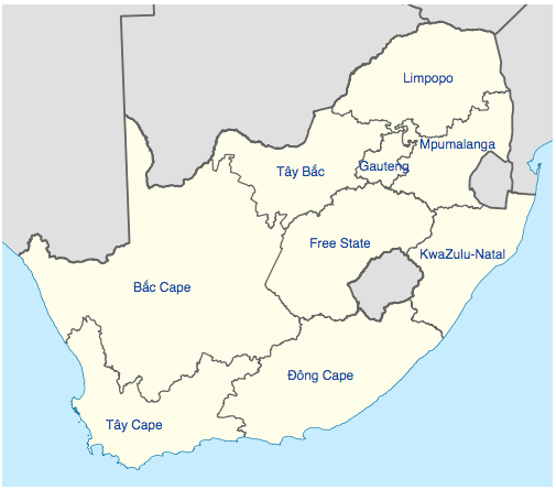 Bản đồ gồm 09 đơn vị hành chính của nước Nam Phi