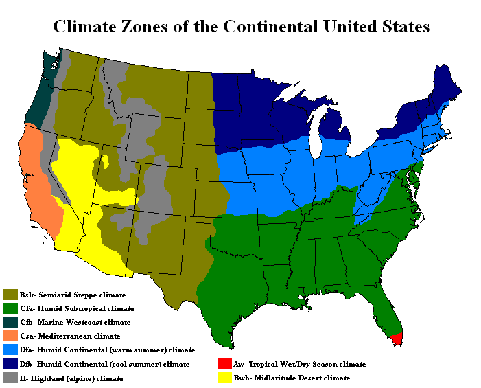 Bản đồ khổ lớn các vùng khí hậu của nước Mỹ lục địa