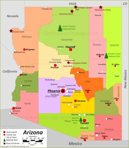 Bản đồ tiểu bang Arizona của Hoa Kỳ năm 2022