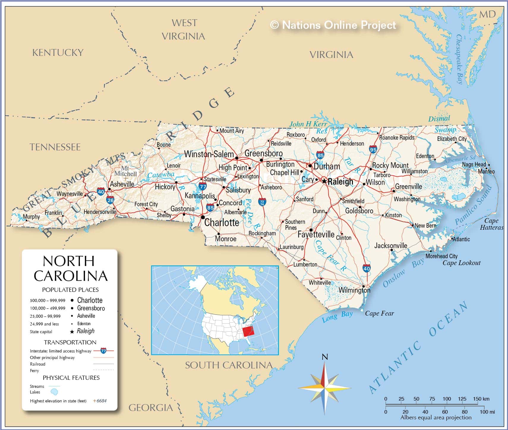 Bản đồ tiểu bang North Carolina của Hoa Kỳ năm 2022