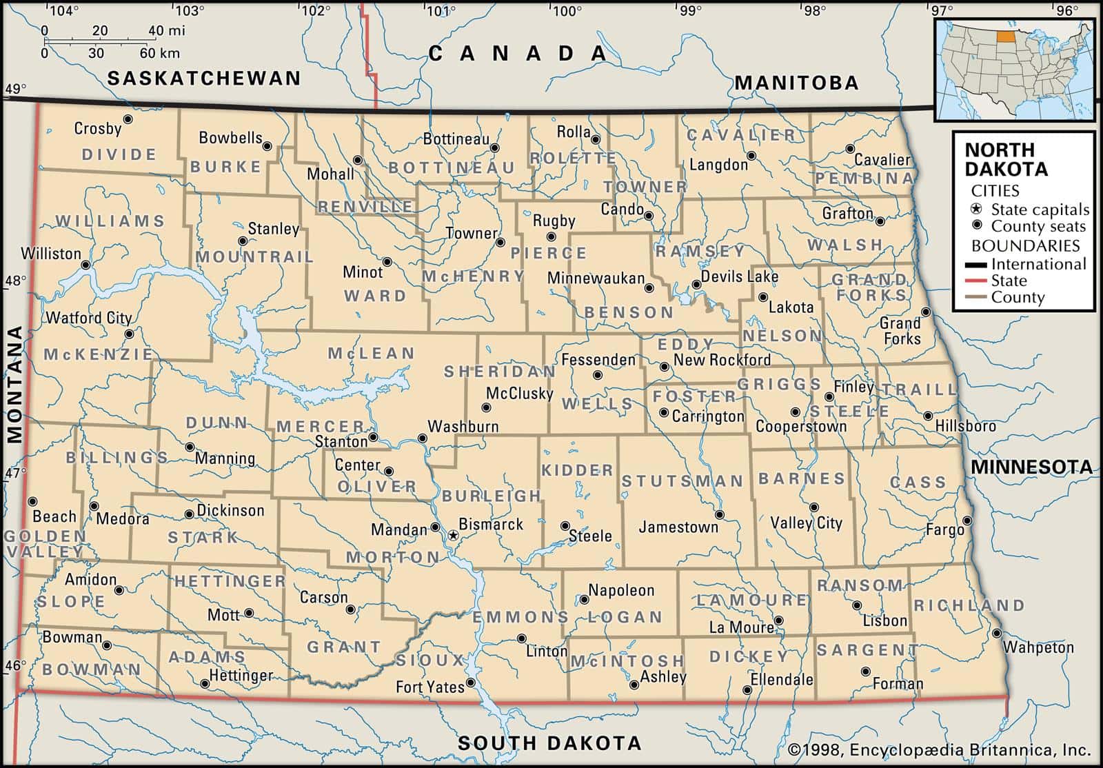 Bản đồ tiểu bang North Dakota của Hoa Kỳ năm 2022