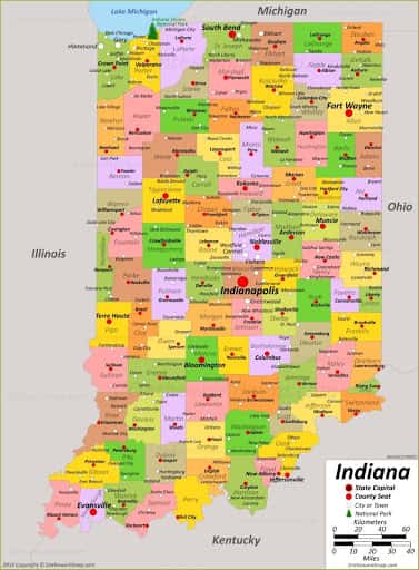 Bản đồ tiểu bang Indiana của Hoa Kỳ năm 2022