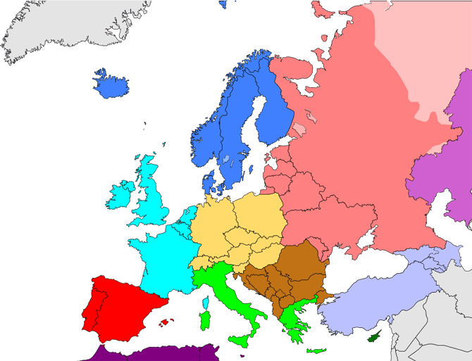 Hiện nay Châu Âu được chia làm 4 khu vực, gồm: Bắc Âu, Nam Âu, Tây Âu, Đông Âu.