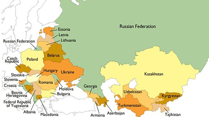 Bản đồ nước Nga tiếp giáp với các nước láng giềng.