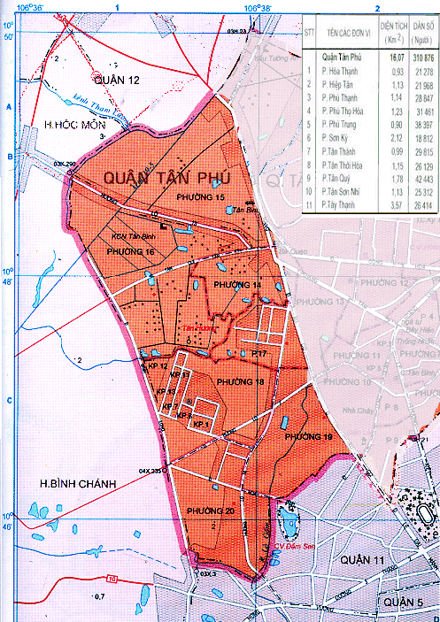 Bản đồ tiếp giáp ranh giới các phường tại Quận Tân Phú năm 2022