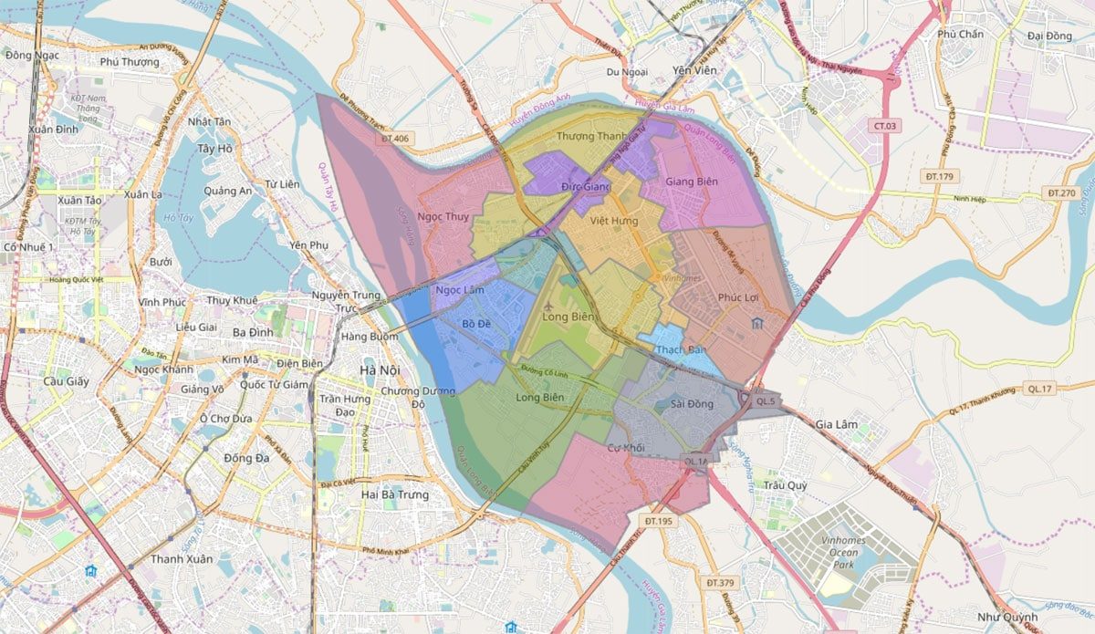 Vị trí các phường tại Quận Long Biên nằm trên bản đồ