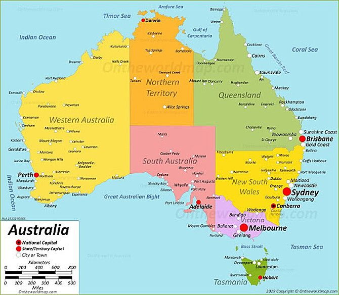 Bản đồ nước Úc phân chi theo khu vực: Đông, Tây, Nam, Bắc