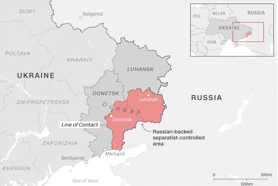 Hai nước cộng hoà ly khai Donetsk và Lugansk (màu đỏ) được Nga công nhận vào ngày 21.2.2022. Ảnh: CNN