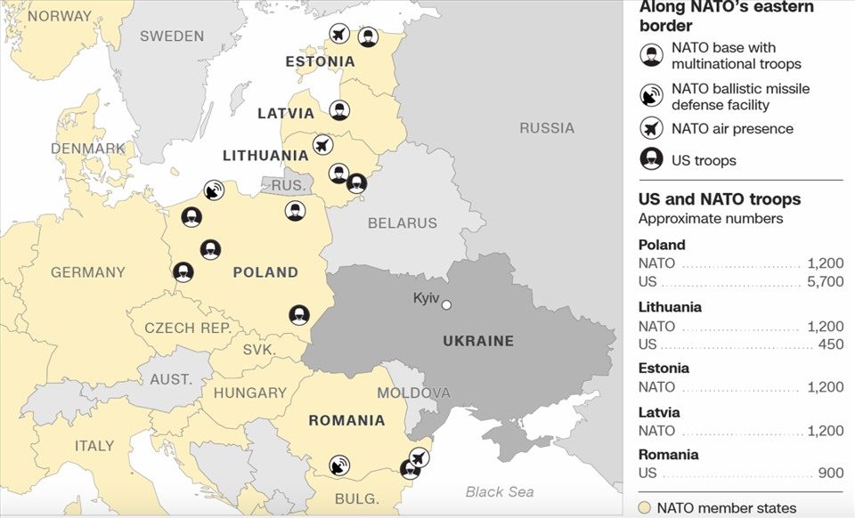 Mỹ và NATO tập trung quân ở các nước thành viên phía đông gồm Ba Lan, Lithuania, Estonia, Latvia, Romania. Ảnh: CNN/NATO/Quân đội Mỹ, Maps4News