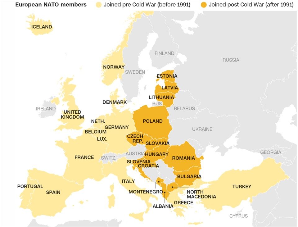  Bản đồ các thành viên NATO của Châu Âu. Các nước màu vàng nhạt tham gia NATO trước năm 1991. Các nước màu vàng sậm gia nhập sau năm 1991.Ảnh: NATO/CNN